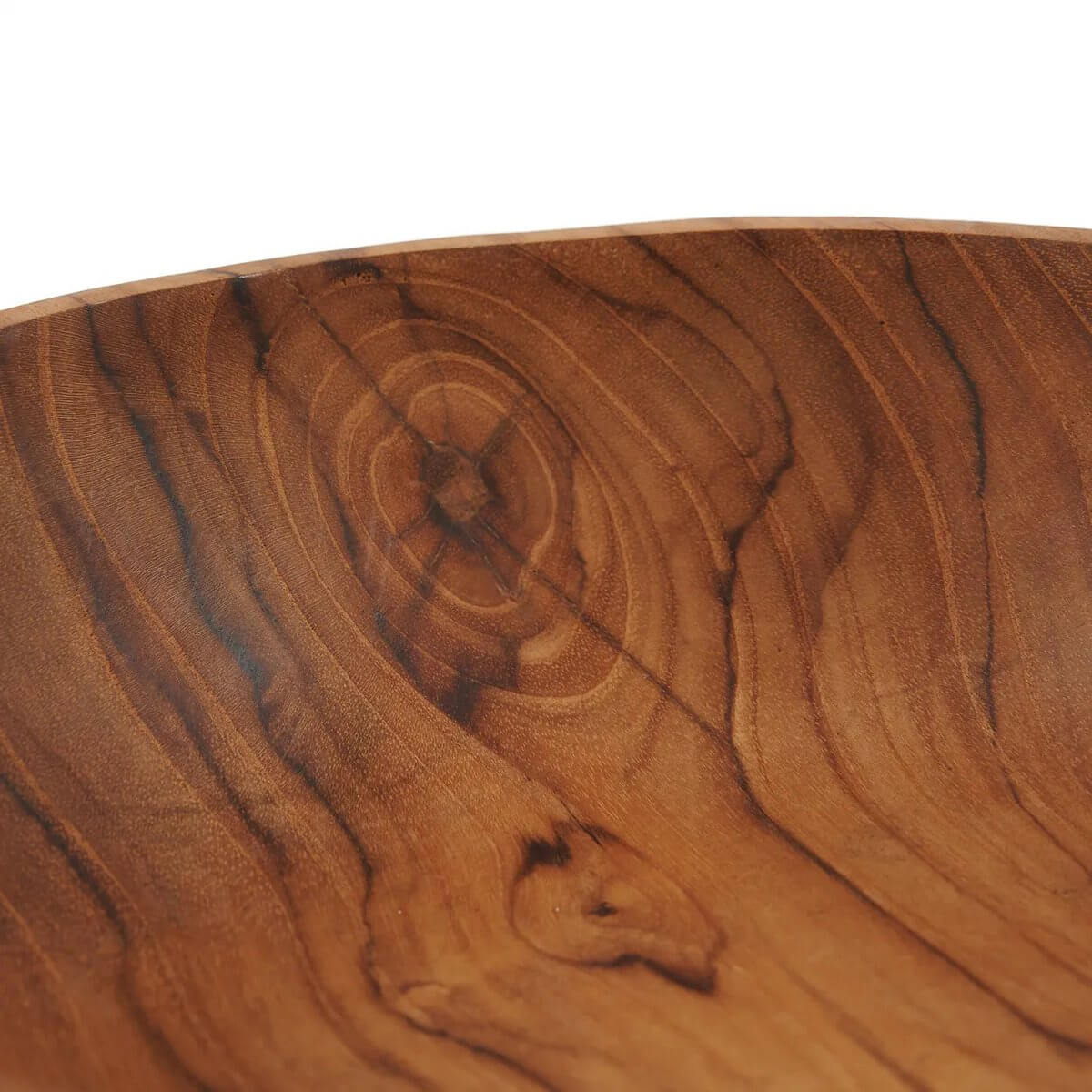 Close-up of a bohemian teak root snack bowl showcasing natural wood grain patterns, perfect for adding rustic charm to any table.