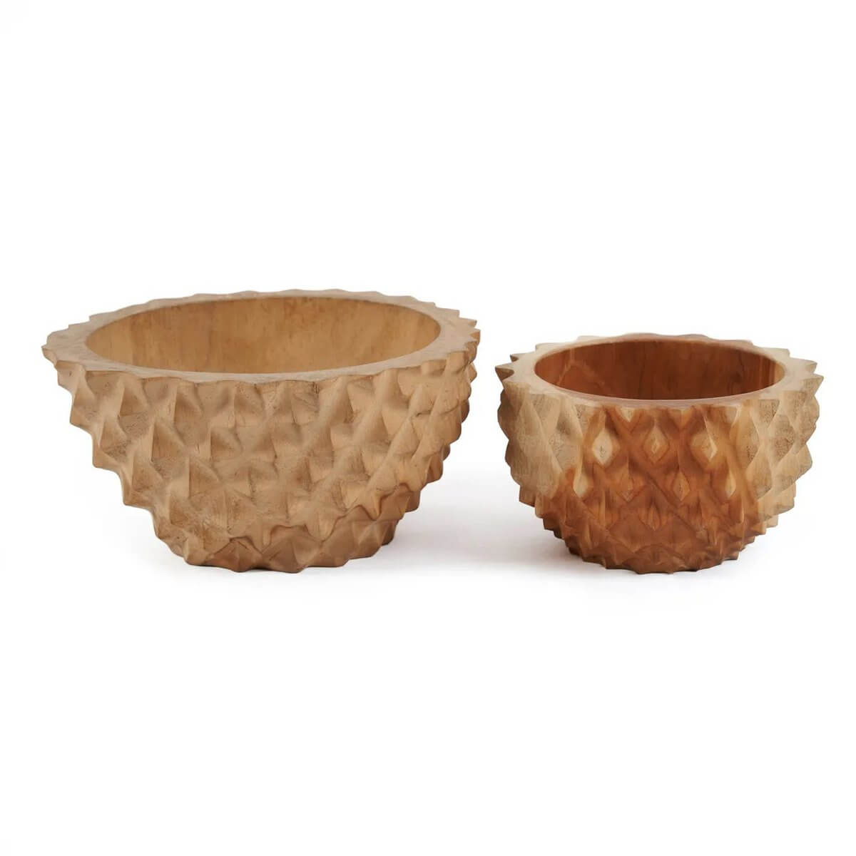 Set van twee bohemian teakwortel kommen met textuur, geïnspireerd op de koninklijke durian vrucht, perfect voor fruit of decor.