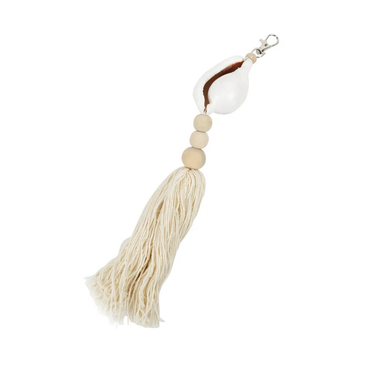 Bohemian white Togian keychain with natural shell, wooden beads, and cotton tassel by Bazar Bizar Living.