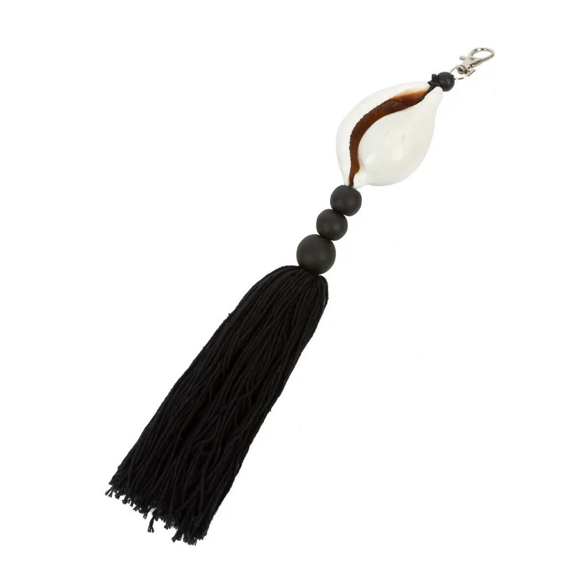 Bohemian black and white Togian keychain with wood and cotton design, featuring a prominent white shell accent.