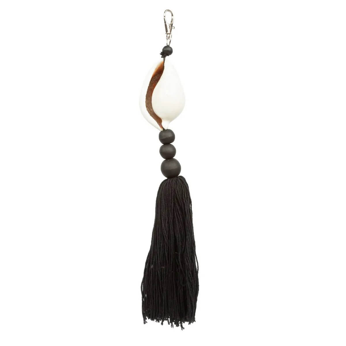Bohemian black and white keychain with shell accent, wood, and cotton tassel, perfect for bags or keys.