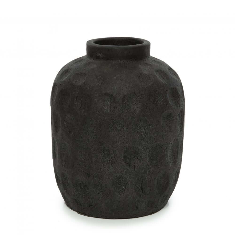 Zwarte terracotta vaas met eigentijds patroon, hoogte 22 cm, voor droge bloemen. Perfect voor woonkamer of badkamer decoratie.