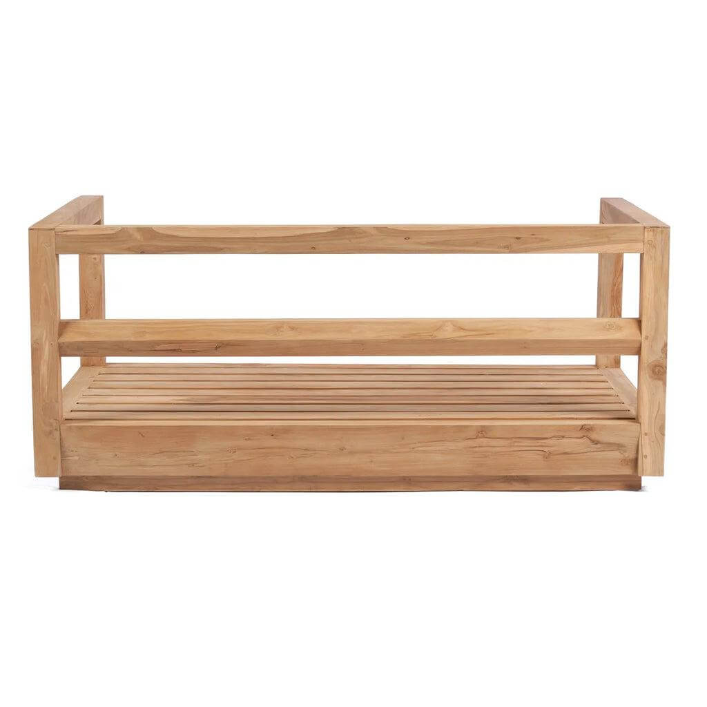 Umalas tweezitsbank van gerecycled teakhout, ideaal voor buitengebruik. Perfect voor terras of tuin, duurzaam en stijlvol! Afmeting 142x85x60cm