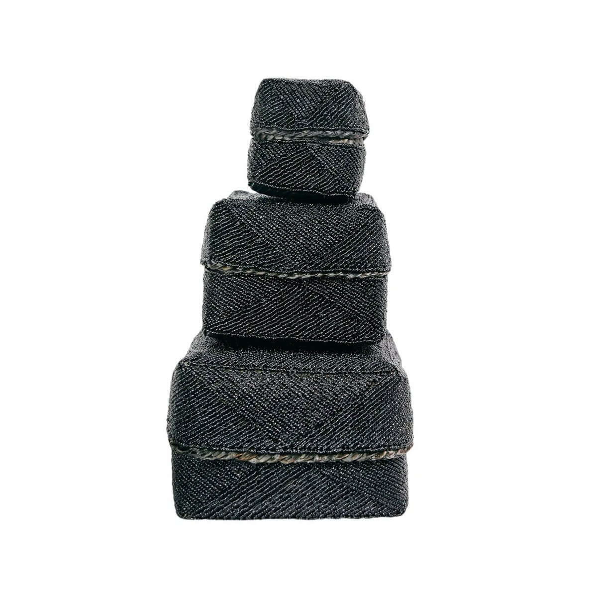 Bohemian-style black beaded gift boxes, handmade by Balinese artisans. Perfect for storage or decor. Set of three, stacked elegantly.