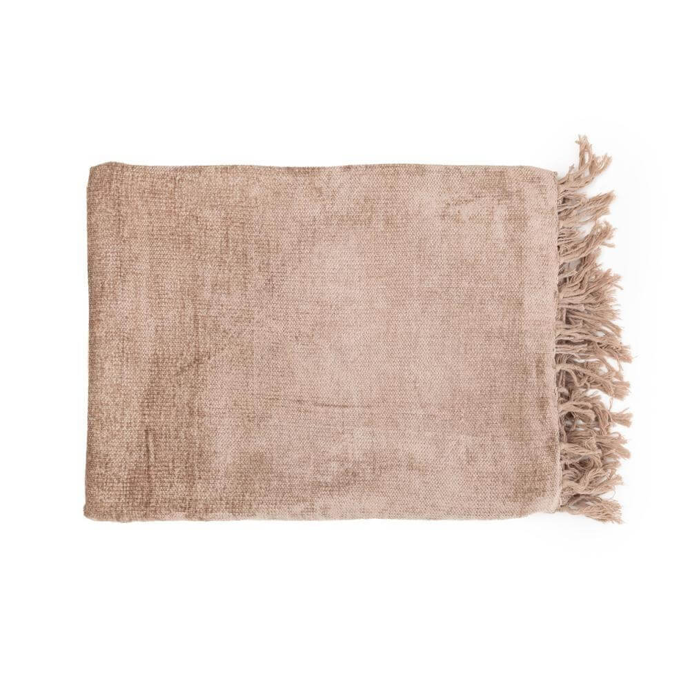 Luxe handgeweven katoenen plaid met franjes in beton velvet kleur, ideaal voor gezelligheid in huis en buiten.