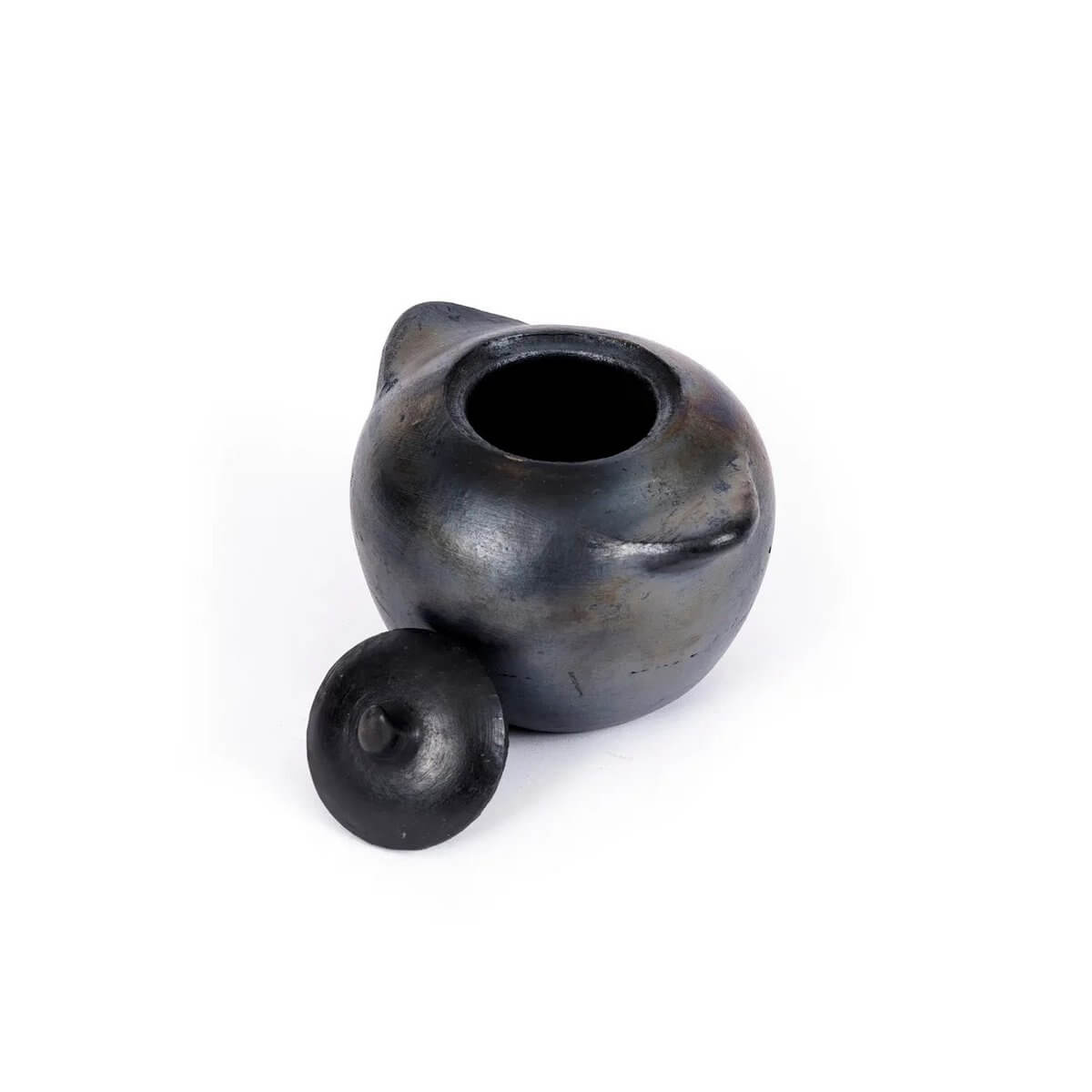 Alt Tag: Zwarte gebrande pot voor suiker of zout uit de Burned-collectie, perfect voor een unieke tafelstijl en decoratie.