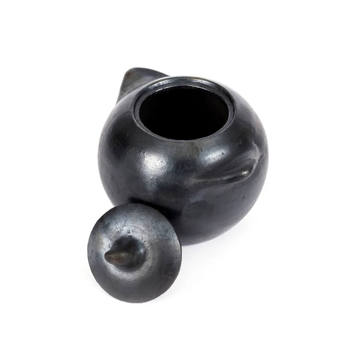 Black-burnt ceramic pot with lid from Bohemian collection, ideal for storing sugar, salt, or sauces, adding unique charm to any table.