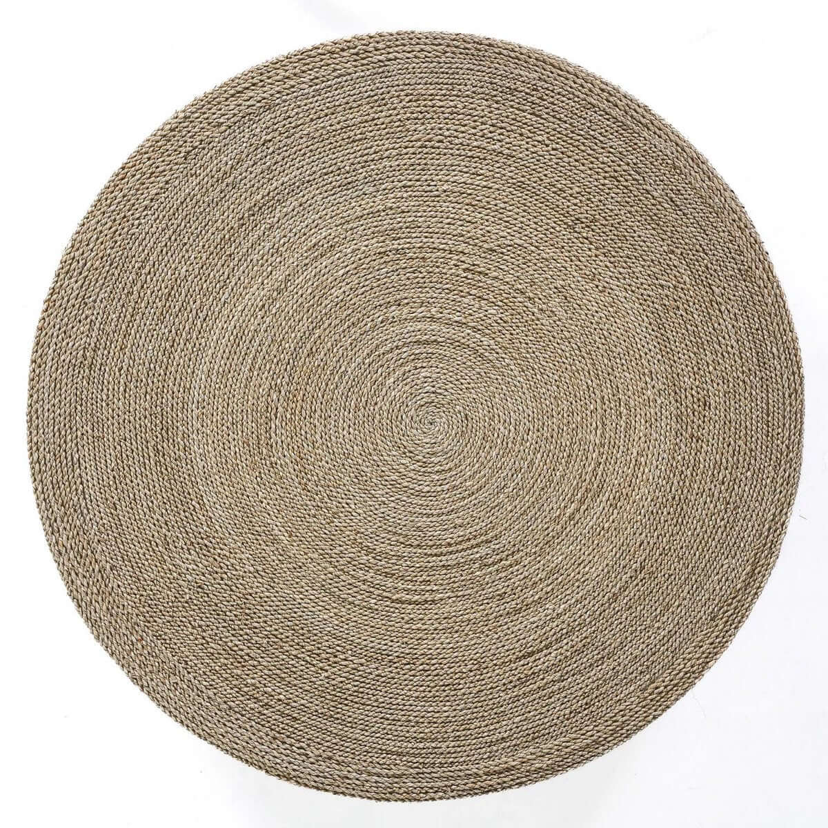 Ronde zeegras poef in naturel kleur, stijlvol en veelzijdig, perfect voor interieur met bohemian accent, diameter van 100 cm.
