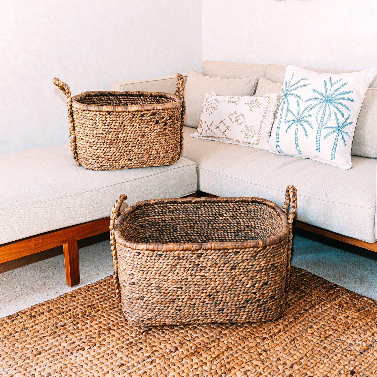 Extra grote wasmand - vierkante boho -mand - geweven decoratieve mand - opslagmand gemaakt van natuurlijke waterhyacint (2 maten) mentari-manden-Soeji-Ik Hout ervan.
