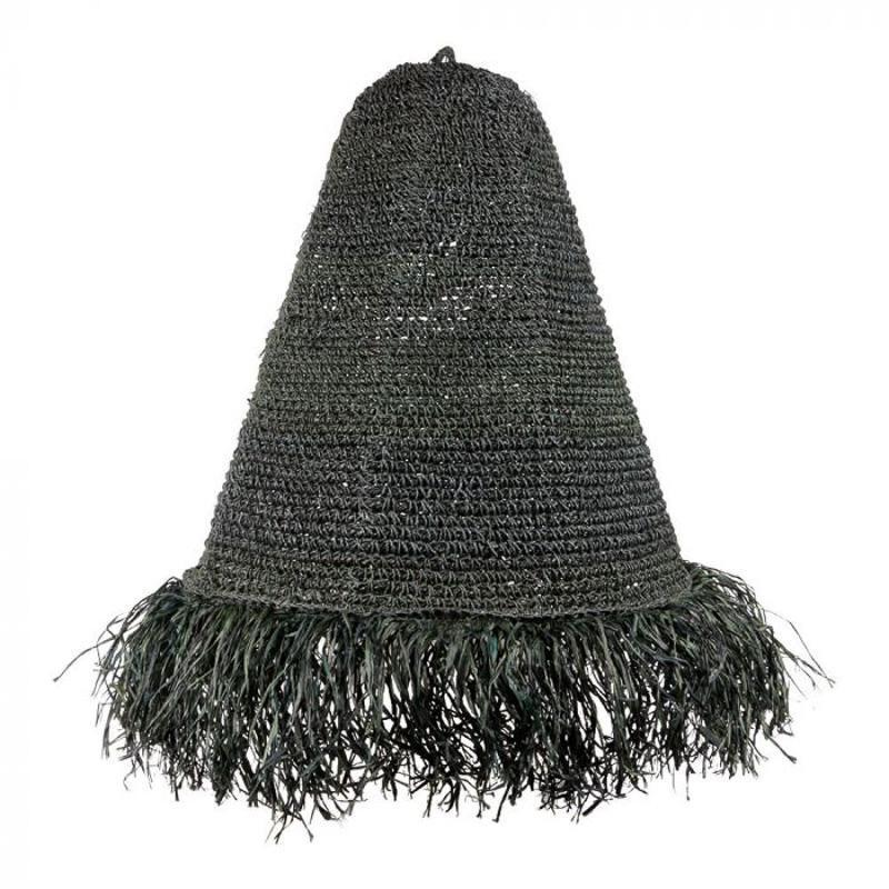 Zwarte raffia hanglampenkap Mojo met exotische uitstraling en Ibiza sfeer, perfect voor trendy interieurs.