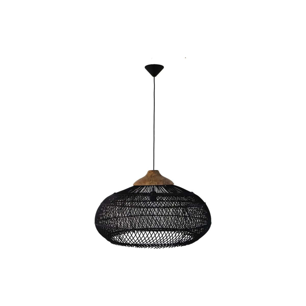Hanglamp Rotan 65x65x40 zwart/natural van HSM Collection, met natuurlijke rotan look en teak details, voor warme sfeer in huis.