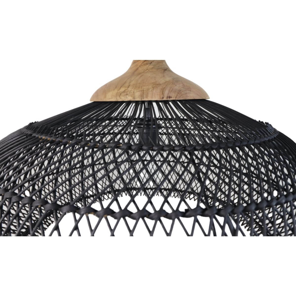 Rotan hanglamp in zwart met natuurlijke uitstraling, gemaakt van rotan en teak, geschikt voor E27 fitting, prachtig design van HSM Collection.
