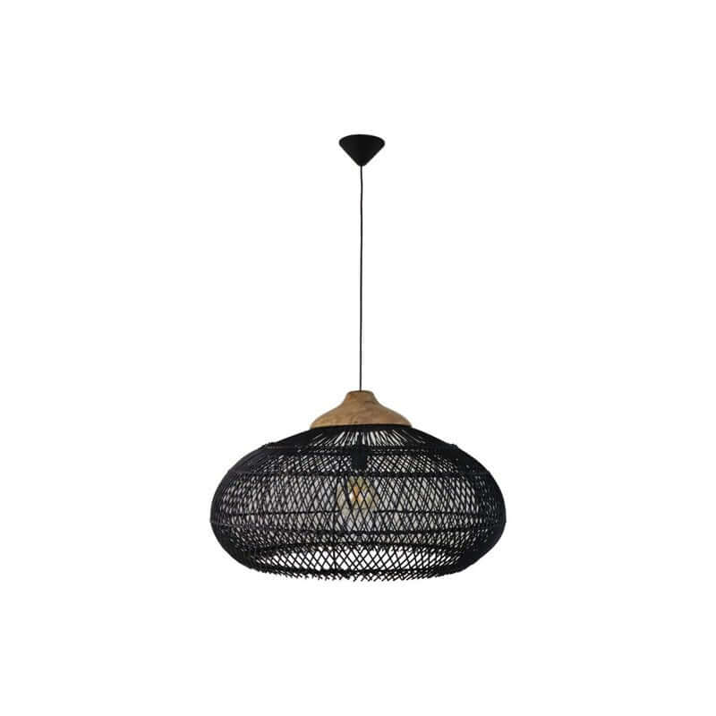 Zwarte rotan hanglamp van HSM Collection, natuurlijk design met teak details. Perfect voor een warme uitstraling in huis.