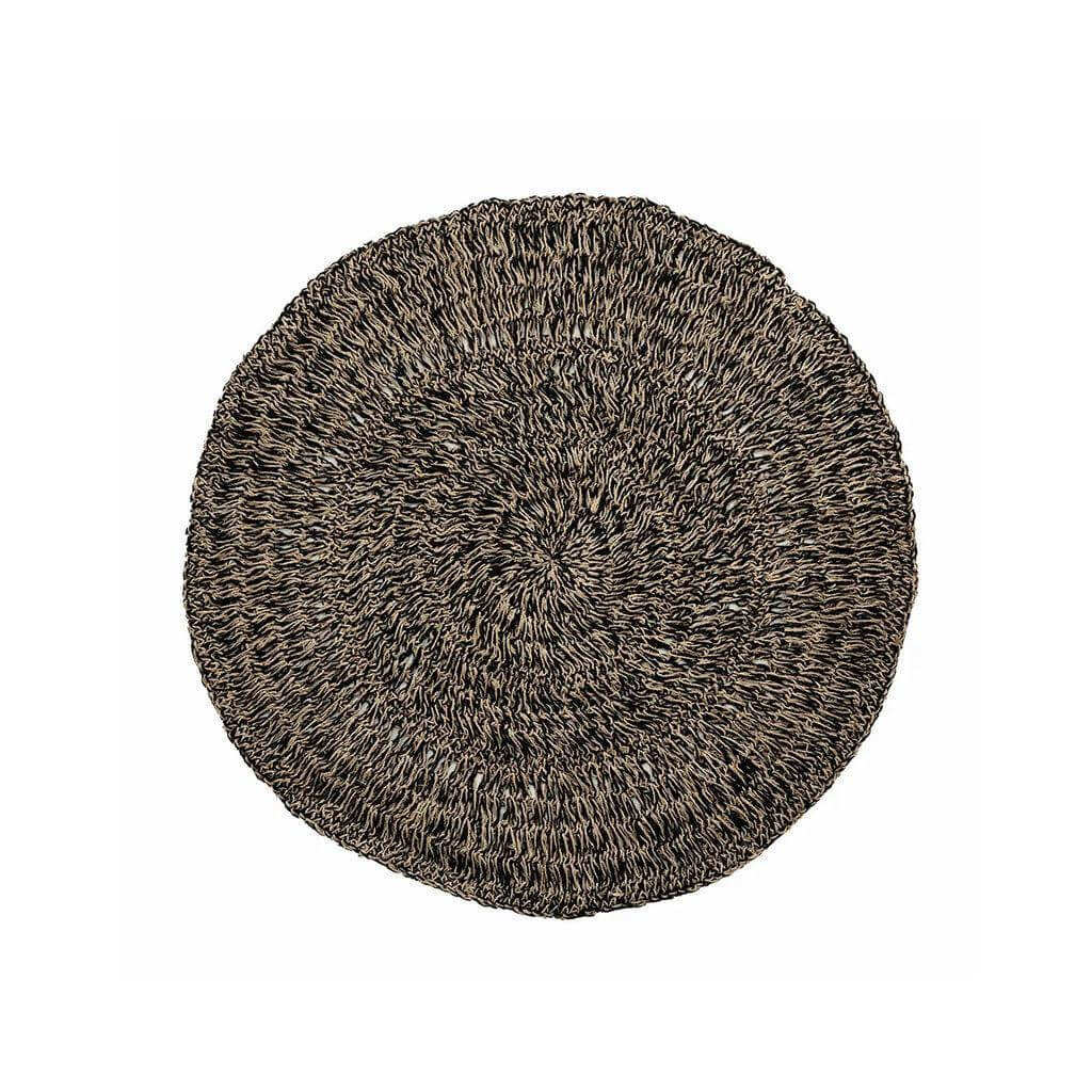 Cirkelvormig zeegras tapijt in natuurlijke en zwarte kleuren, 100 cm breed, ideaal voor keuken of terras, handgemaakt van duurzame materialen.