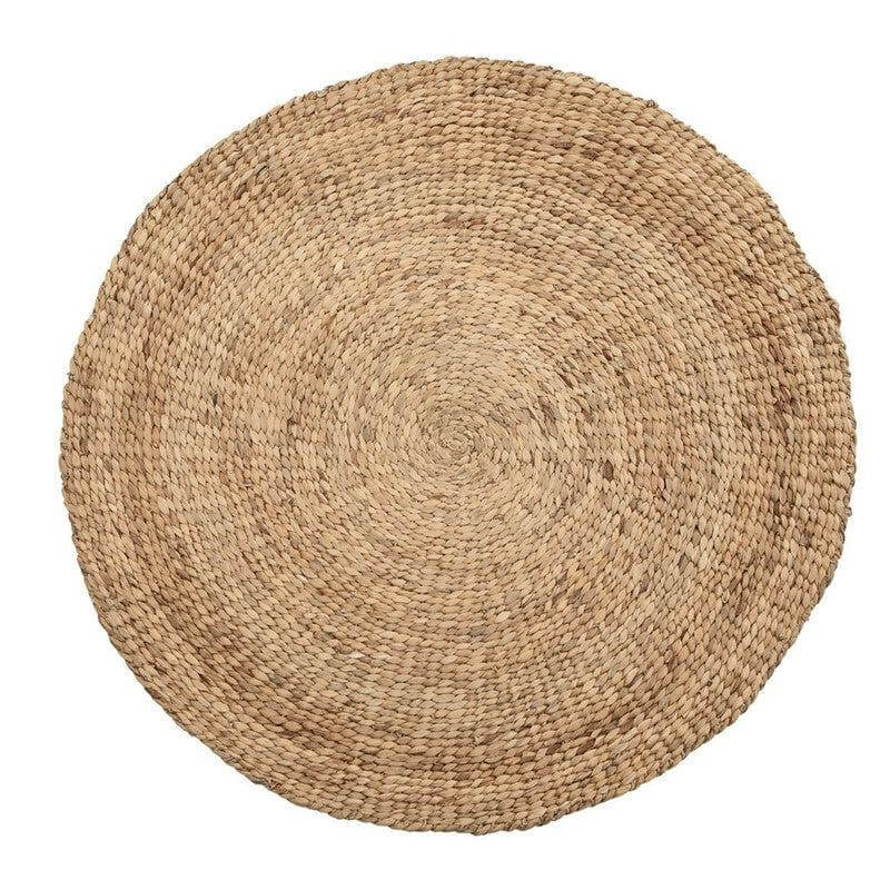 Rond vloerkleed van waterhyacint in natuurlijke kleuren, 150 cm breed. Handgemaakt en boho-chic, perfect voor elke kamer.
