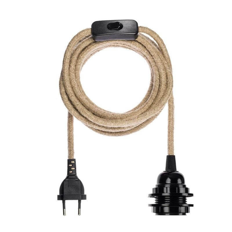 Hoogwaardig zwart lampfitting met schakelaar en jute snoer, ideaal voor hanglampen van Bazar Bizar. Ecologisch en fairtrade.