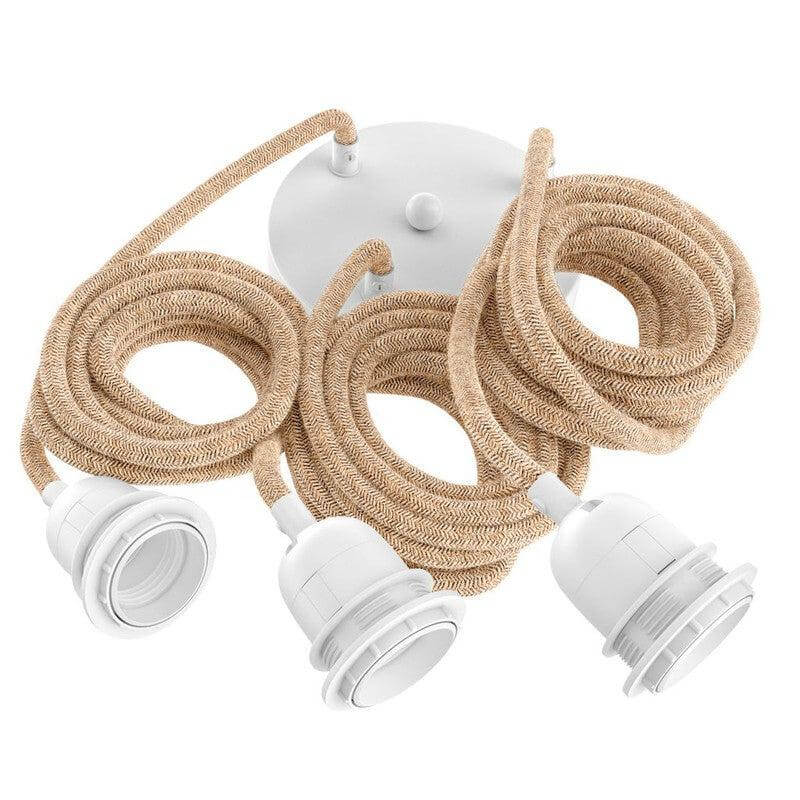Lampfitting voor plafond wit met drie E27 fittingen, maximale wattage 40W, geschikt voor hanglampen, lengte 250cm, natuurlijke kleur.