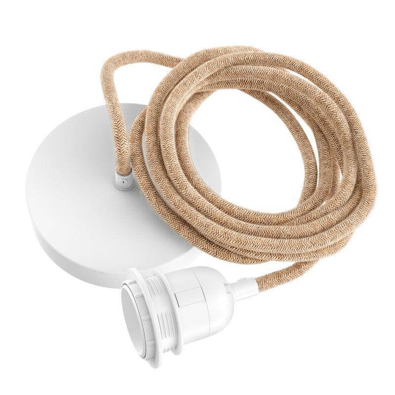 Witte plafondfitting met jute snoer, elegant en functioneel, voor veelzijdig gebruik in elk interieur. Ideaal voor diverse lampenkappen.