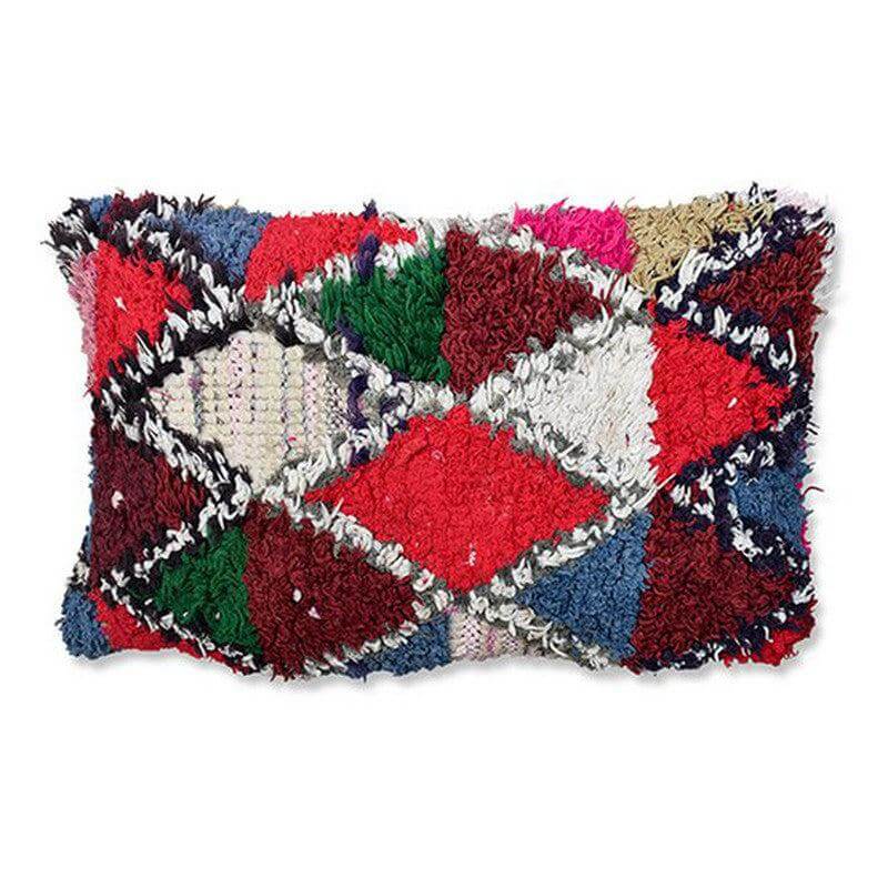 Marokkaans kussen P402, kleurrijk vintage Berberkleed ontwerp, unik artistiek woonaccessoire, handgemaakt in Marokko.