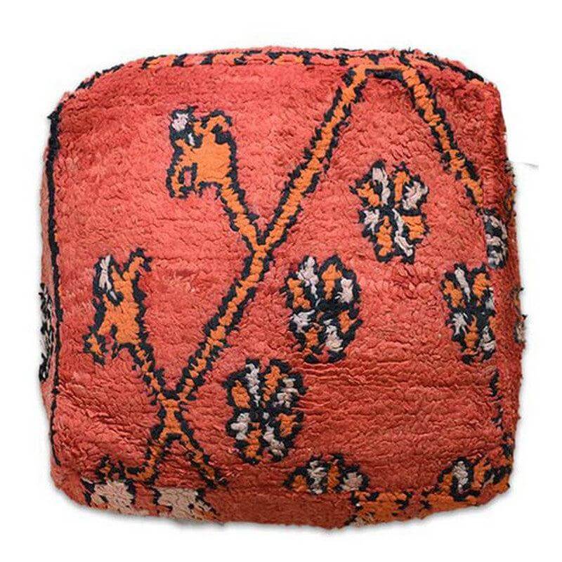 Marokkaans vloerkussen - K817, vintage Berberstijl, rood met traditionele patronen, handgemaakt, bohemian interieuraccent.