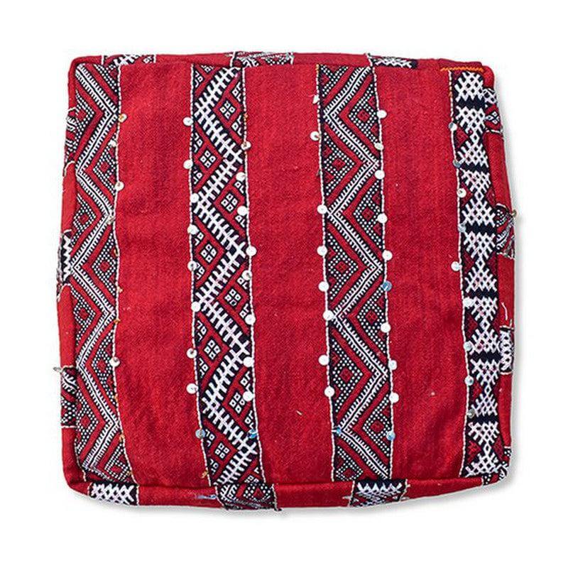 Marokkaans vintage vloerkussen in rood met zwart-wit patroon, bohemian sfeer voor woon- of slaapkamer, uniek handgemaakt item.