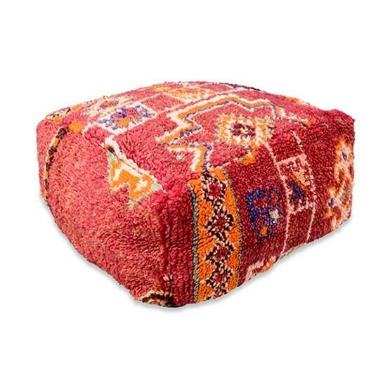 Handgemaakt Marokkaans vloerkussen van vintage Berbertapijt, bohemian stijl, uniek rood oranje patroon, woon- en slaapkamerdecoratie