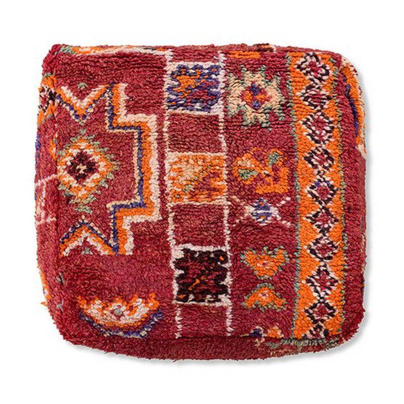 Marokkaans vloerkussen vintage K1223, uniek Bohemian design, handgemaakt van Berberkleed in rood en oranje tinten.