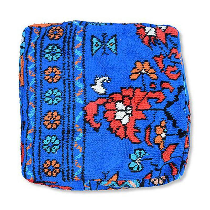 Marokkaans vloerkussen vintage met kleurrijke bloemenpatroon, handgemaakt voor een bohemian sfeer en authentieke uitstraling.