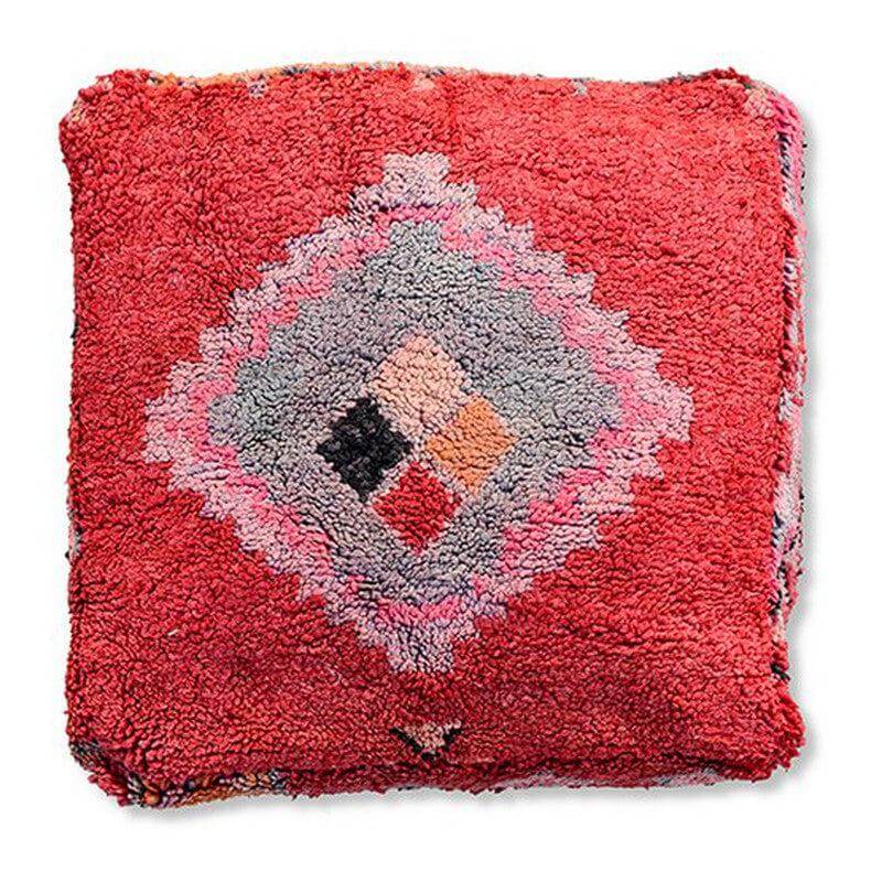 Vintage Marokkaans vloerkussen met bohemian stijl en uniek patroon, handgemaakt van Berberkleed, K1361. Perfecte eyecatcher voor iedere ruimte.