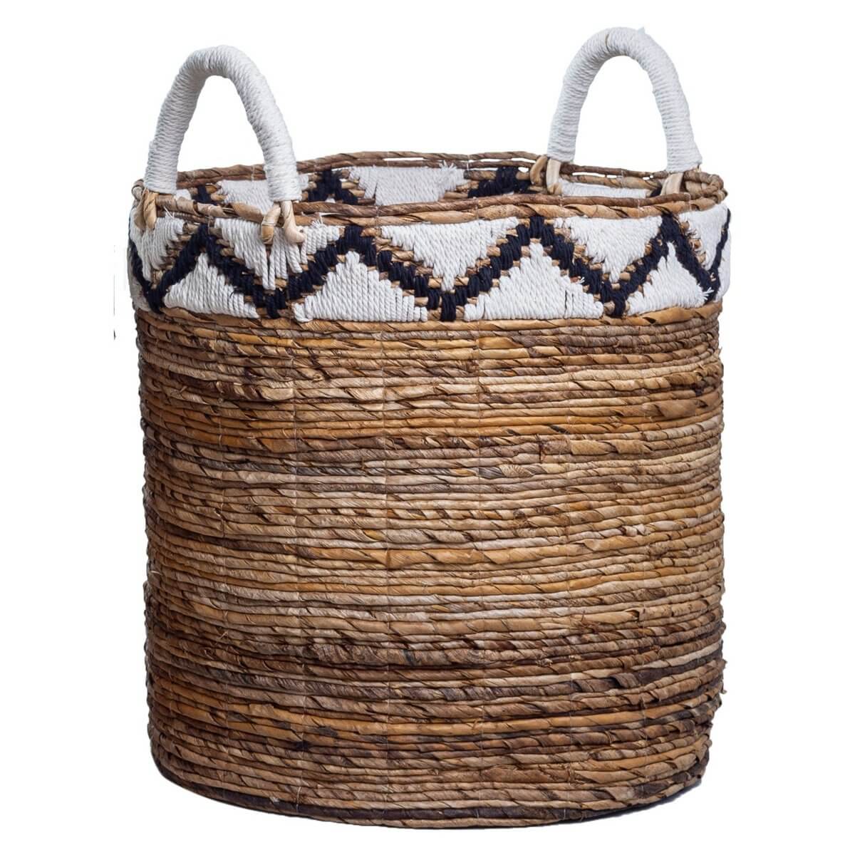 Opbergmand DALU van bananenvezel met zigzagpatroon en handvatten, ideaal voor was of planten, handgemaakt en fair trade.