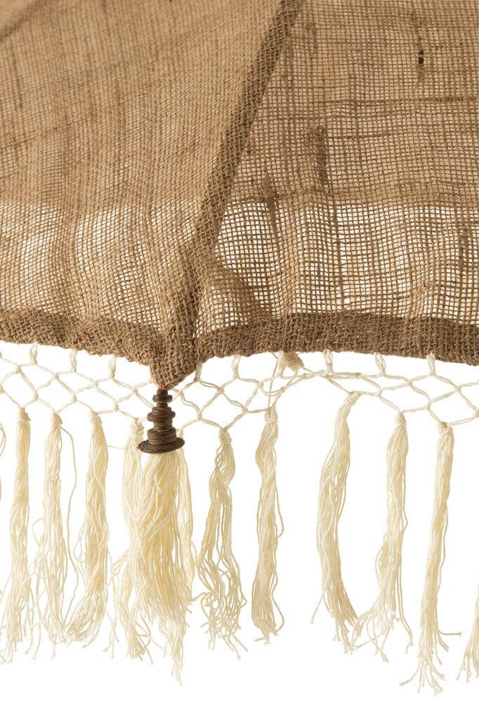 Parasol met Kwasten Jute Large J-Line Parasol Tassels Jute/Wood Beige/White Large Width 165 Height 267 Length 165 Weight 5.99 kg Collection Zomer 2023 Colour Beige Material composition Wood(45%),fabric(30%),bamboo(25%) Mounting required Yes