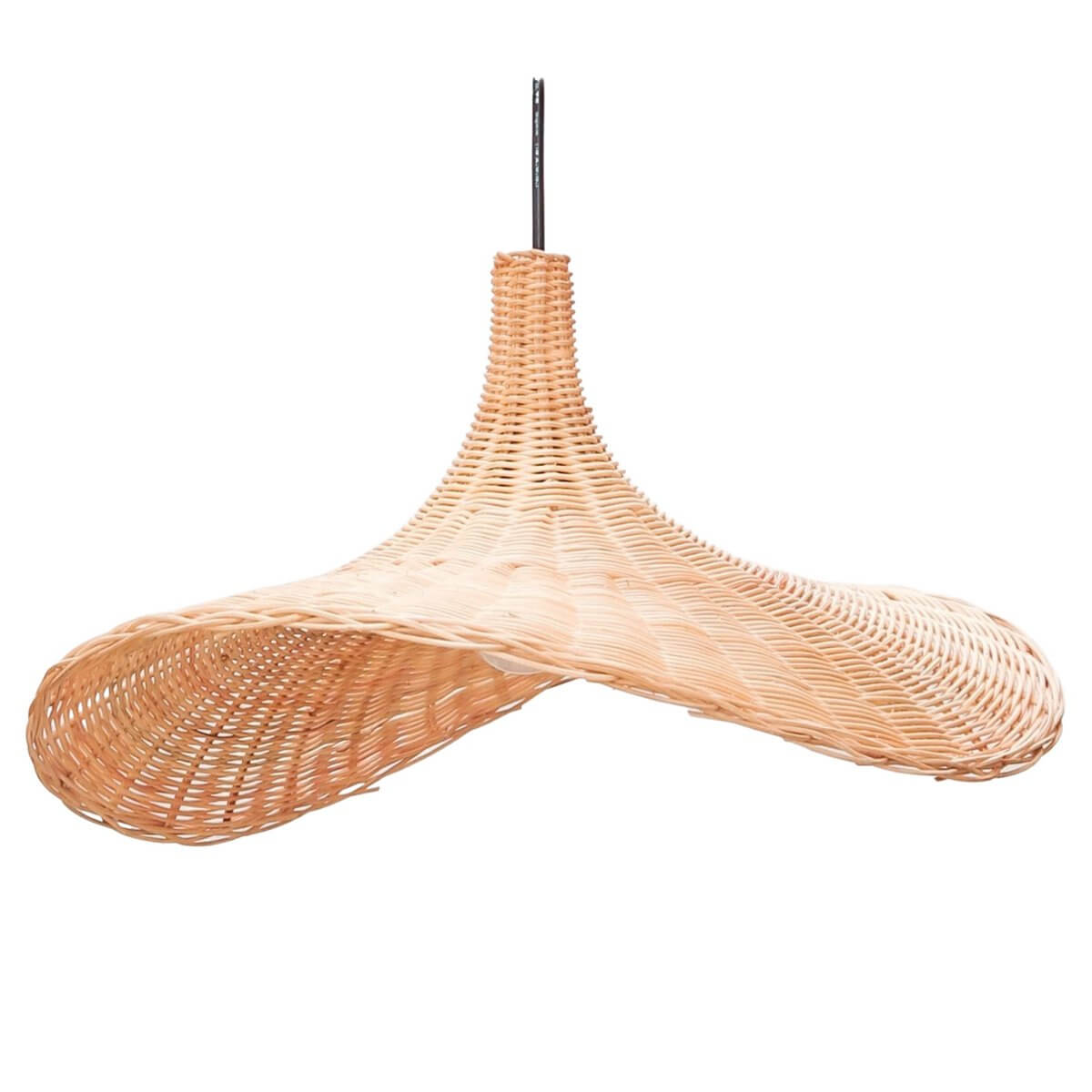 Rotanlamp SAYAN trechtervormige hanglamp, handgemaakt van natuurlijke vezels, verkrijgbaar in 49cm en 59cm, met warme lichtpatronen.