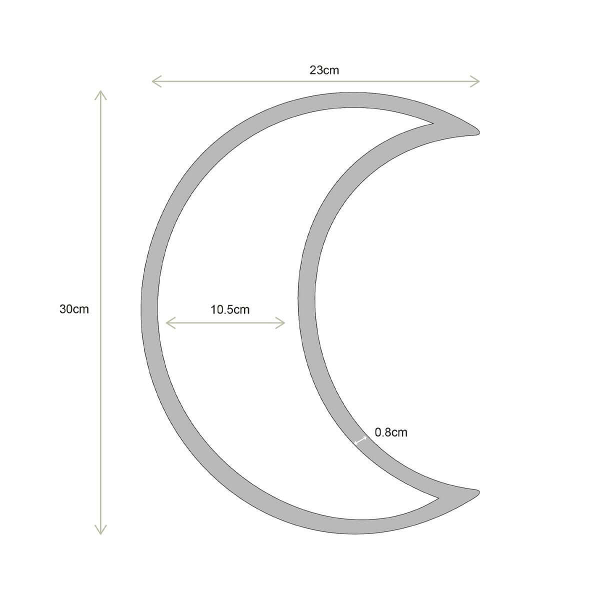 Illustration of a 30cm gold moon-shaped mirror with dimensions, perfect for a Bohemian decor, by vtwonen. Dutch & Belgian market only.