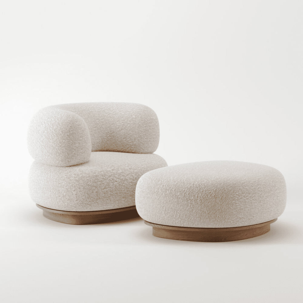 Ronde dromerige bouclé-fauteuil van teakhout