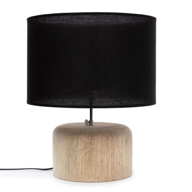 Tafellamp van teakhout met een zwarte stoffen kap, creëert een gezellige atmosfeer, perfect voor woonkamer of slaapkamer. Hoogte 46 cm.