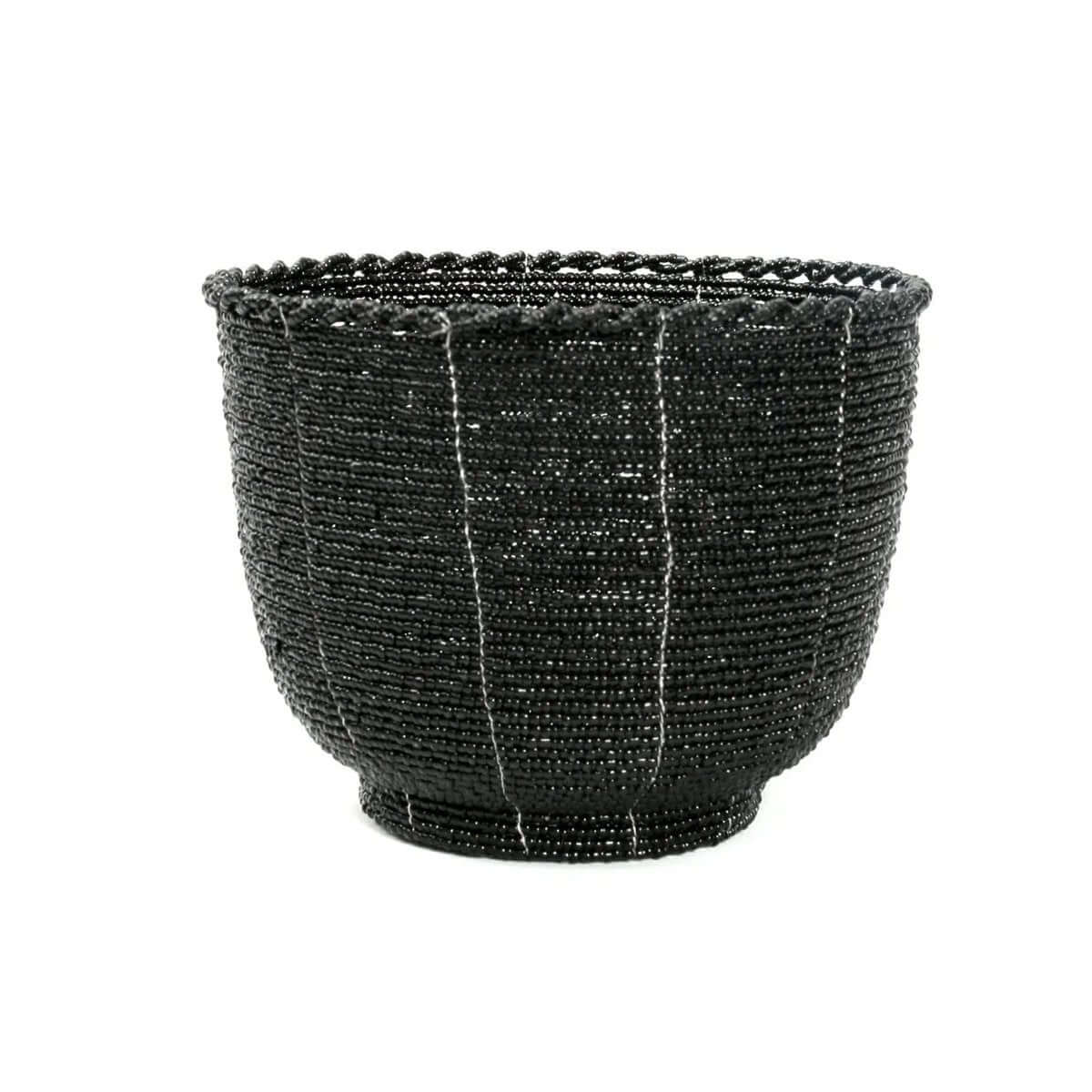 Handmade black beaded candy bowl with a Bohemian chic style, perfect for enhancing home decor in any room.