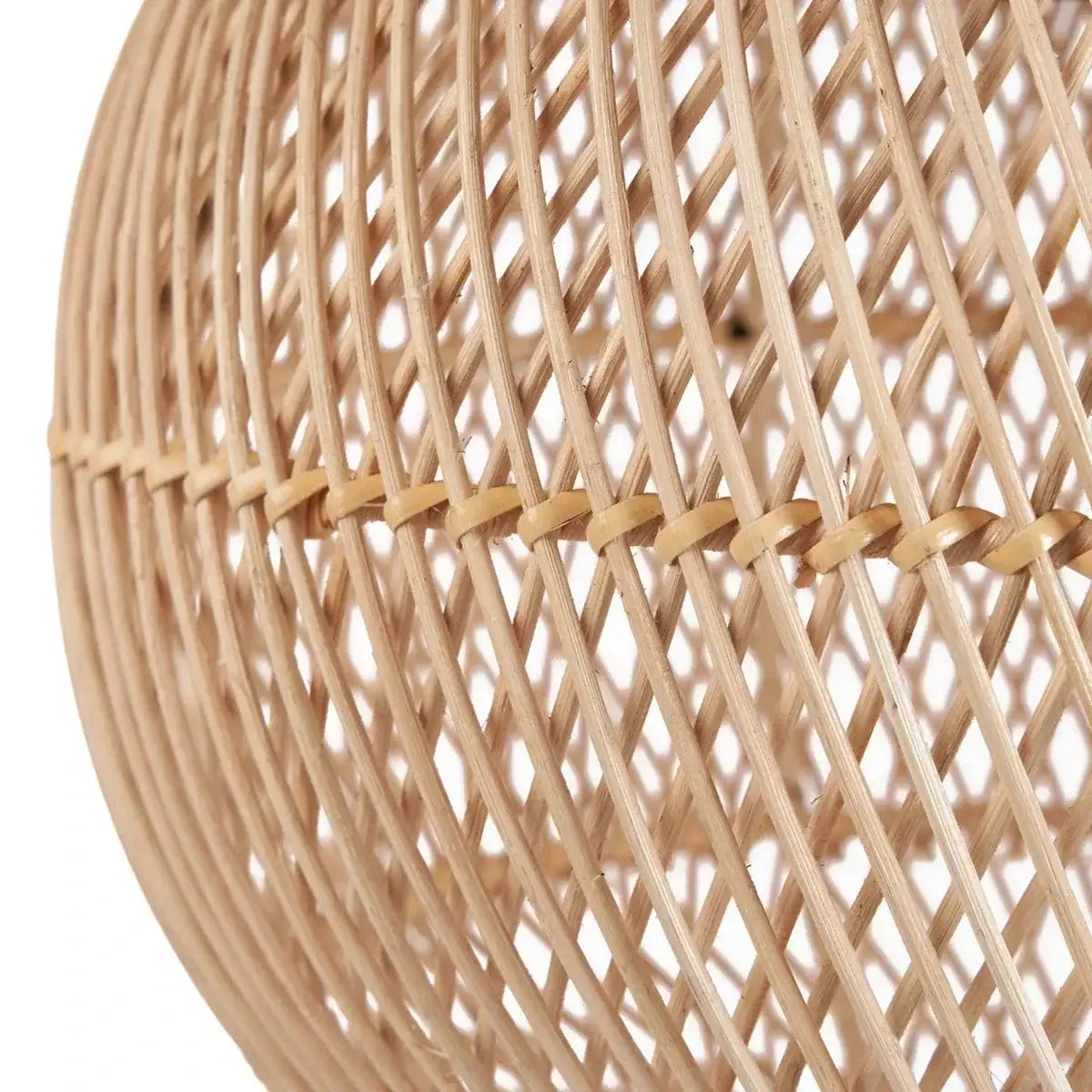Close-up of The Bubble Hanger's intricate rattan weaving, showcasing its natural texture and modern design.