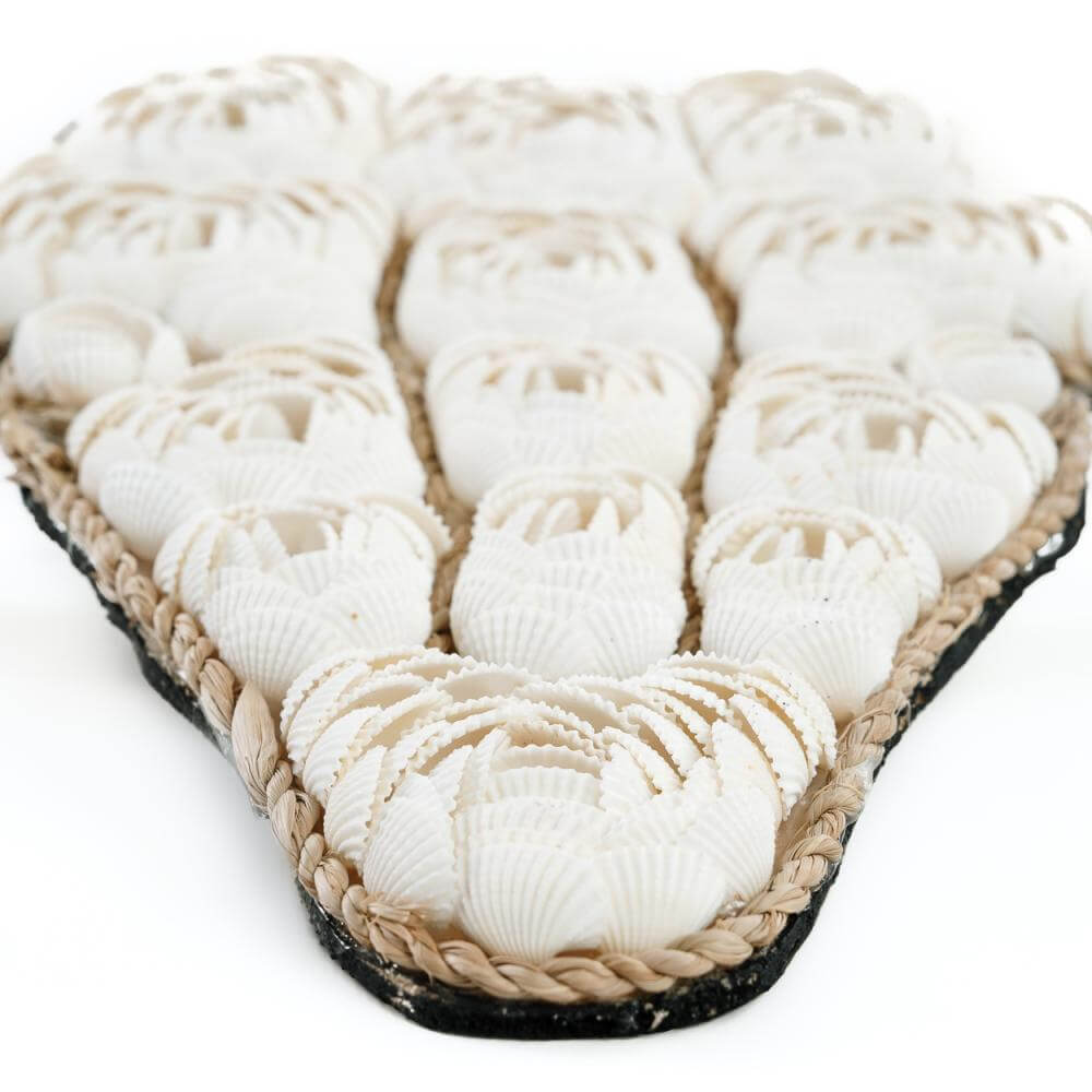 Decoratieve stier van witte schelpen met bloemmotief, perfect voor elke ruimte. Elegant accessoire en gespreksonderwerp! Cactus spiegel.