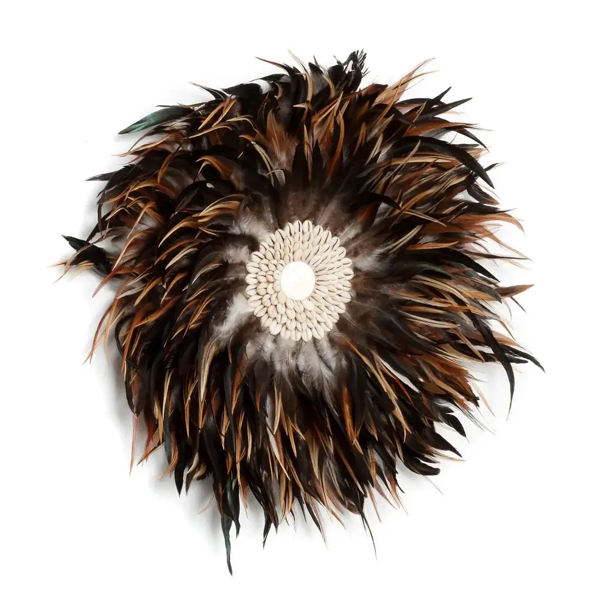 Bohemian wall display with brown feathers and shell centerpiece, 50cm wide. Perfect for interior, terrace, or garden. By Bazar Bizar.