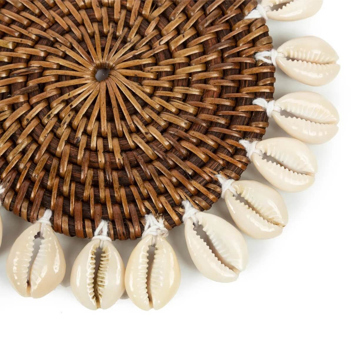 Bohemian Colonial Shell Coaster with natural rattan and kauri shells, perfect for a tropical island-style home accessory.
