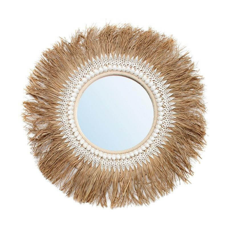 De Raffia Ginger Spiegel - Natuurlijk, met kusttextuur en boho-stijl, gemaakt van raffia-franjes, perfect voor elk interieur.