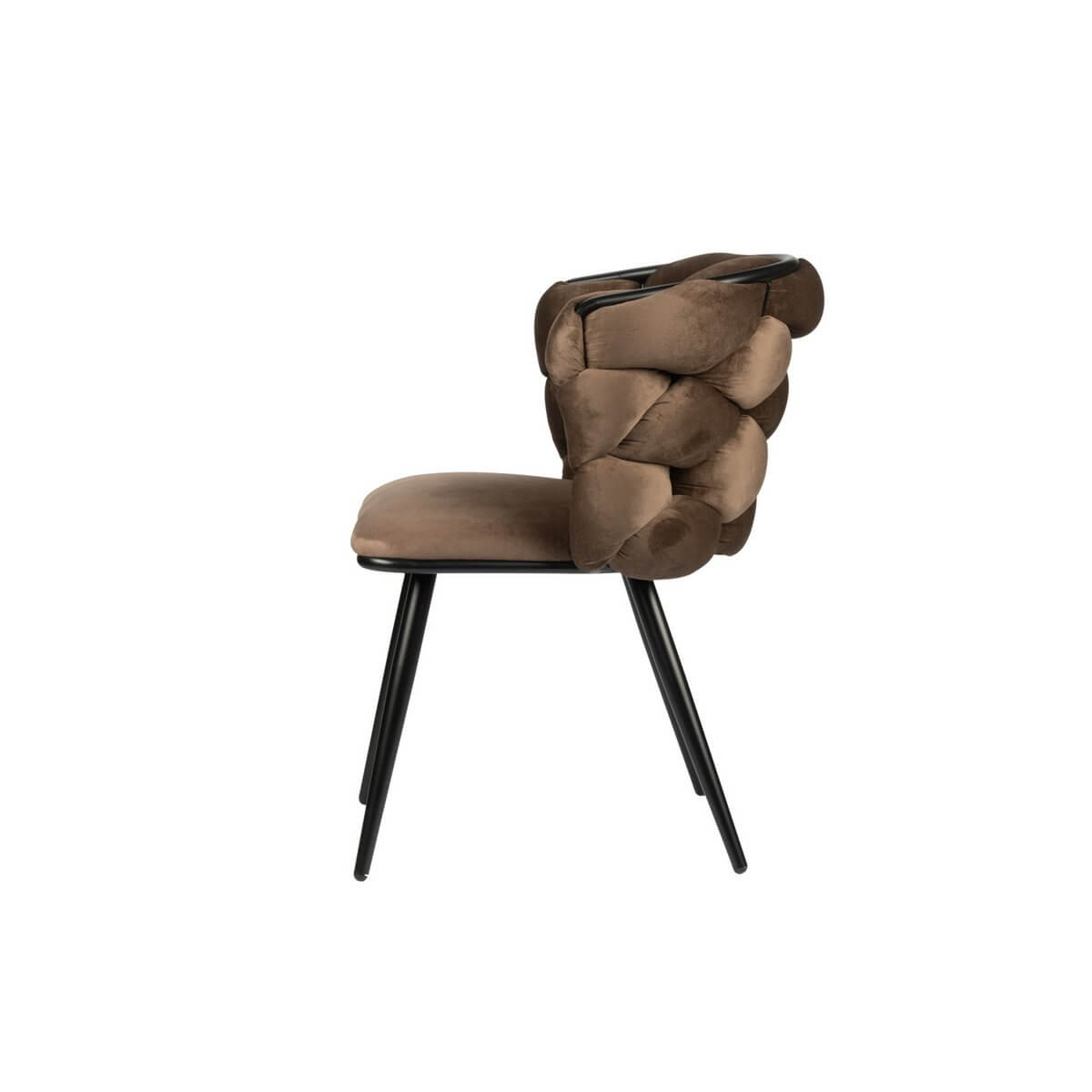 Zijaanzicht van de Rock Chair Brons, moderne luxe stoel met uniek vlechtpatroon in rugleuning, perfect voor stijlvolle interieurs.