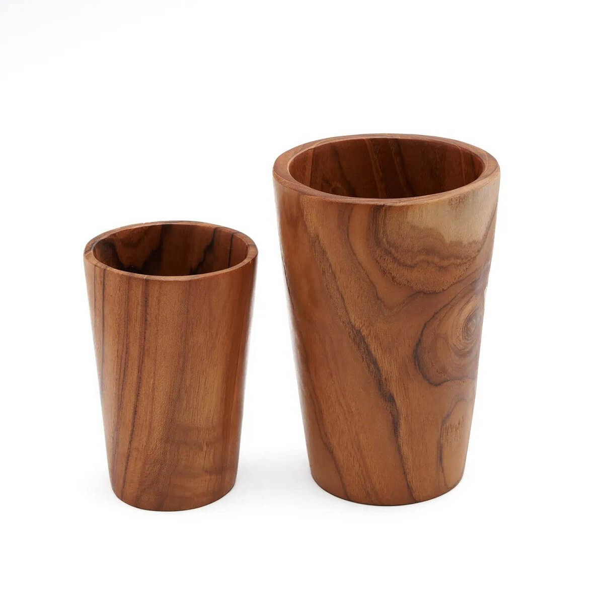 Bohemian Teak Root Cups in two sizes showcasing unique wood grain patterns, adding organic elegance to your home decor.