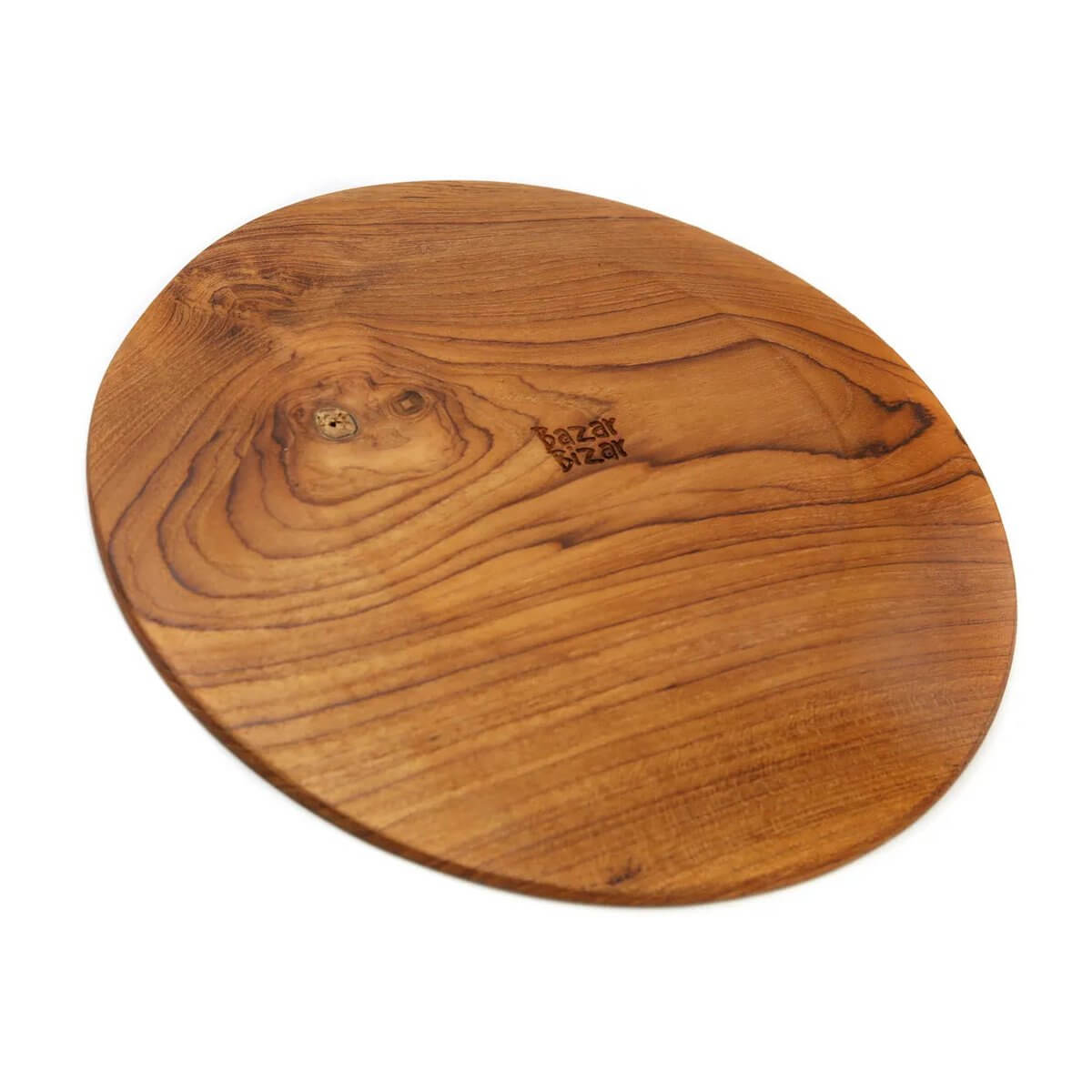 Teakhouten rond bord XL van Bazar Bizar Living, perfect als onderbord, met warme houten uitstraling. Afmeting: 34.5 cm. Kleur: bruin.