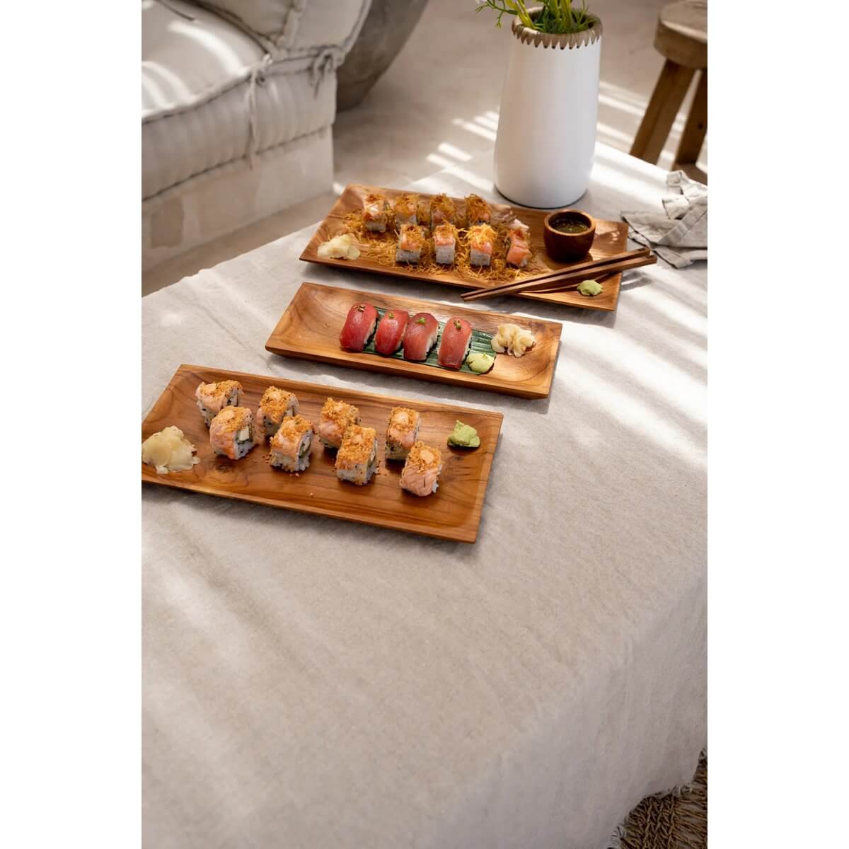 Alt Tag: Bohemian Teak Root Sushi Plates display an array of sushi delights, ideal for dining or decor; crafted by Bazar Bizar Living.