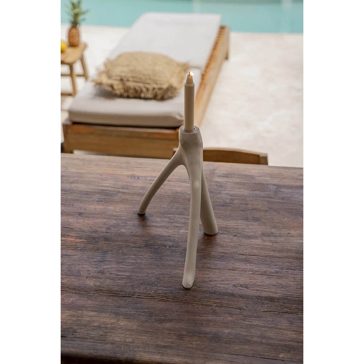 Bohemian-style Triple Twig Candle Holder in white on a rustic wooden table, perfect for cozy home decor by Bazar Bizar Living.