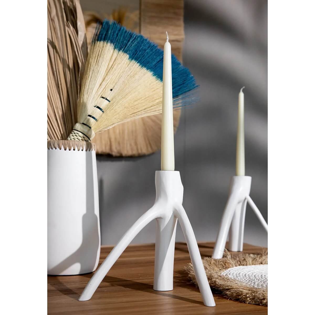 Alt Tag: White Triple Twig Candle Holder on table, bohemian decor, organic design, cozy ambiance, by Bazar Bizar Living.