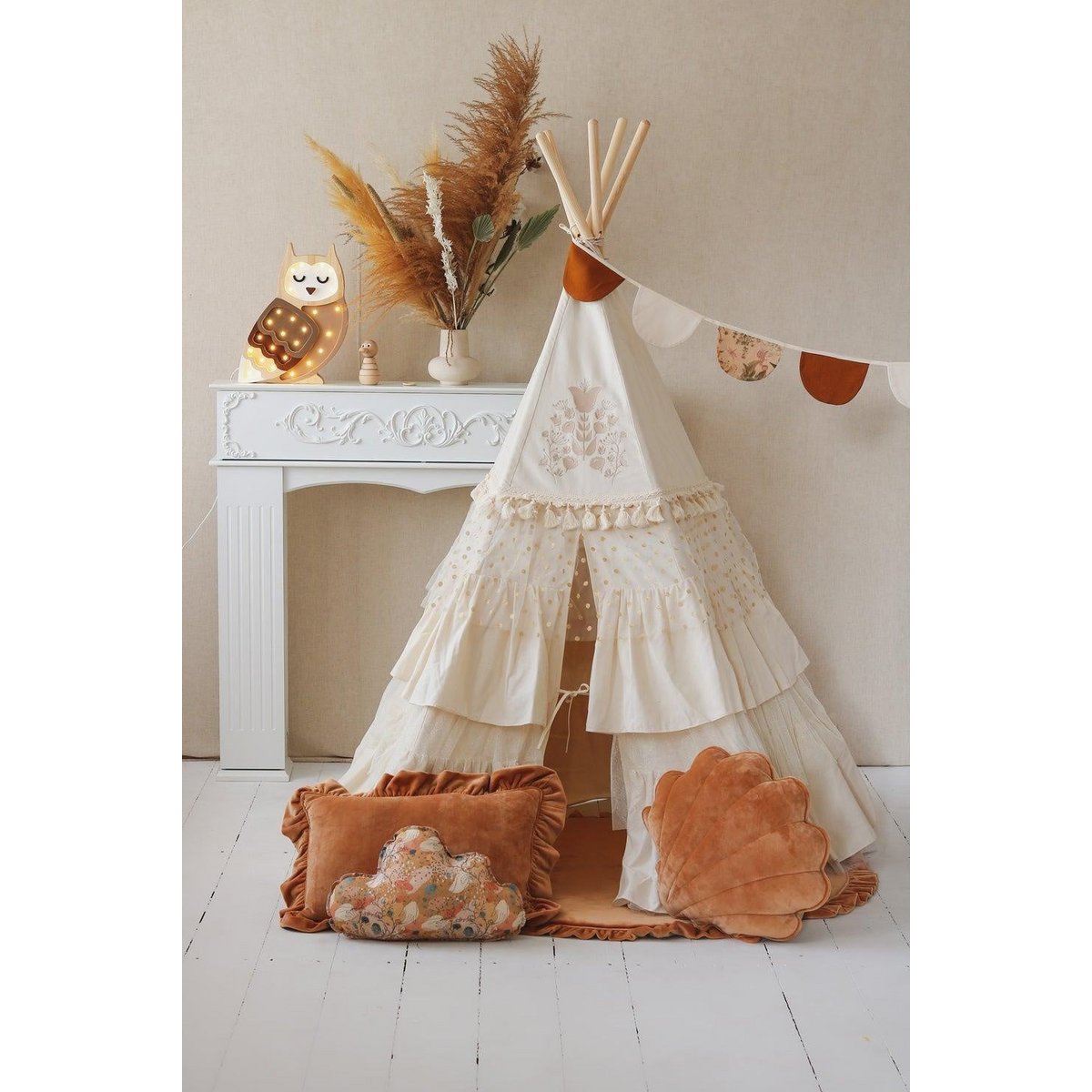 Tipi "Boho" met franjes en mattenset-Moi Mili-Ik Hout ervan.