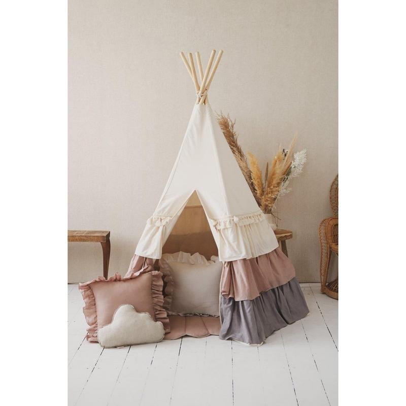 Tipi "Powder Frills" met ruches en "Powder Pink" schelpmattenset-Moi Mili-Ik Hout ervan.