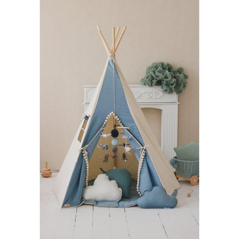 Tipi-tent "Jeans" met pompons-Moi Mili-Ik Hout ervan.